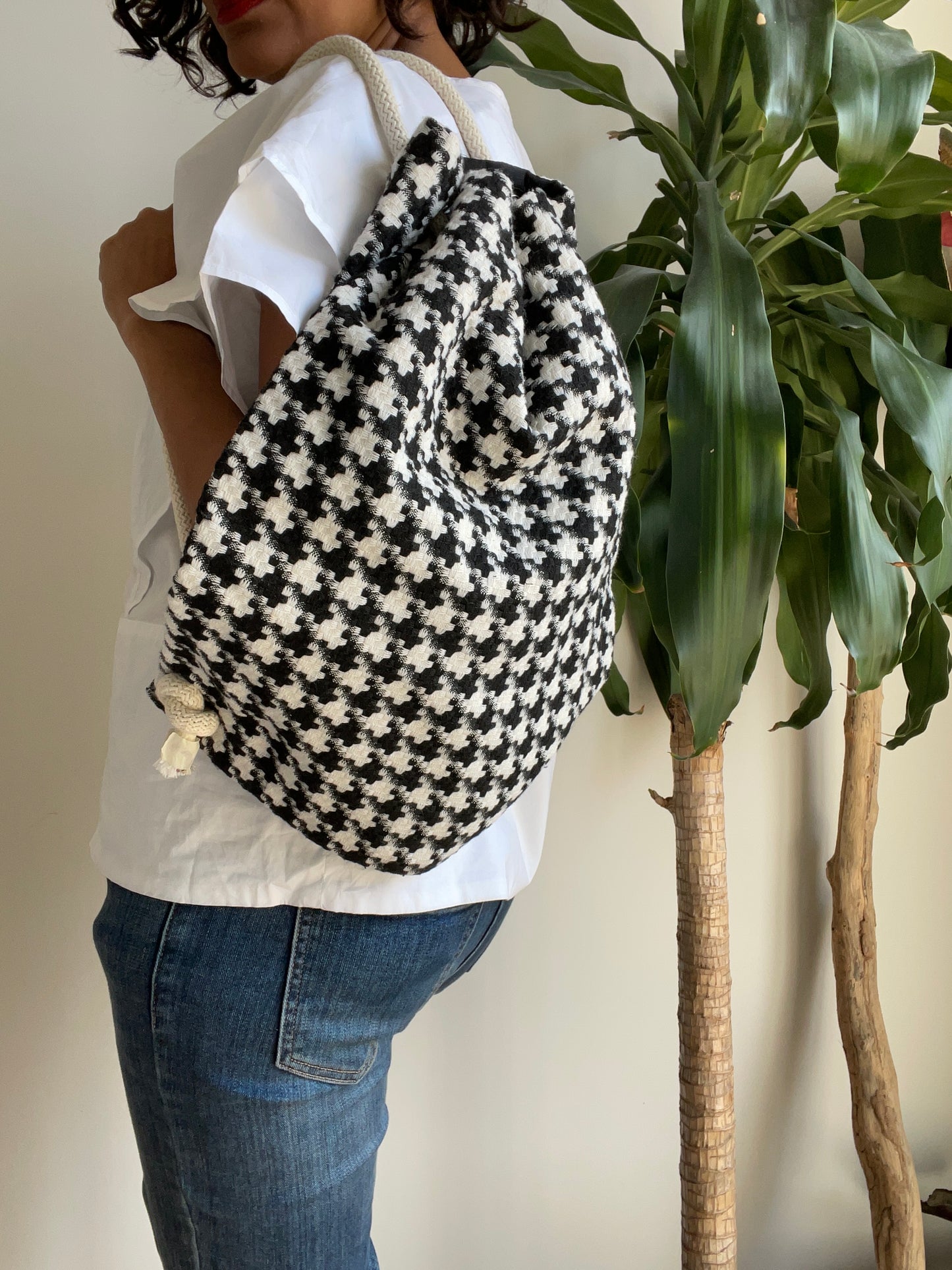 Black and white checked backpack