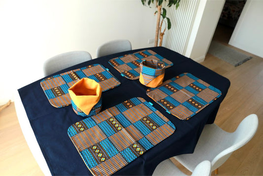 SET 4 Placemats + 2 Double-Sided African Wax Bread Holders + 1 Blue Tablecloth