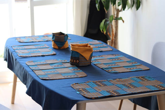 SET 6 Placemats + 2 Double-Sided African Wax Bread Holders + 1 Blue Tablecloth